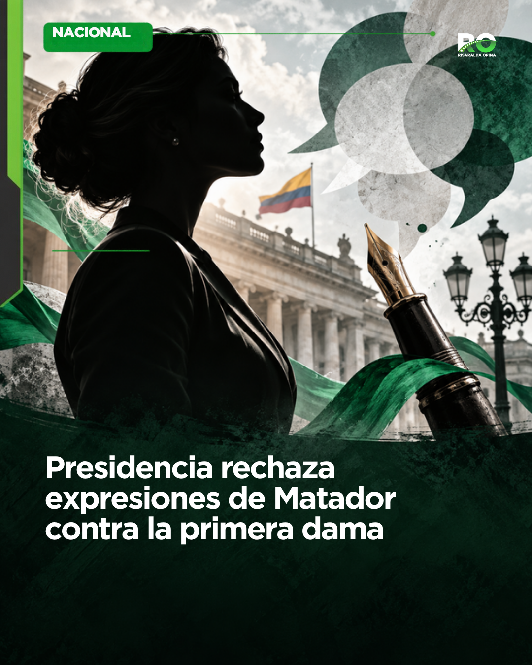 Ilustración simbólica generada con IA: silueta femenina frente a un edificio institucional, con el titular sobre el comunicado de Presidencia. No representa a la primera dama.