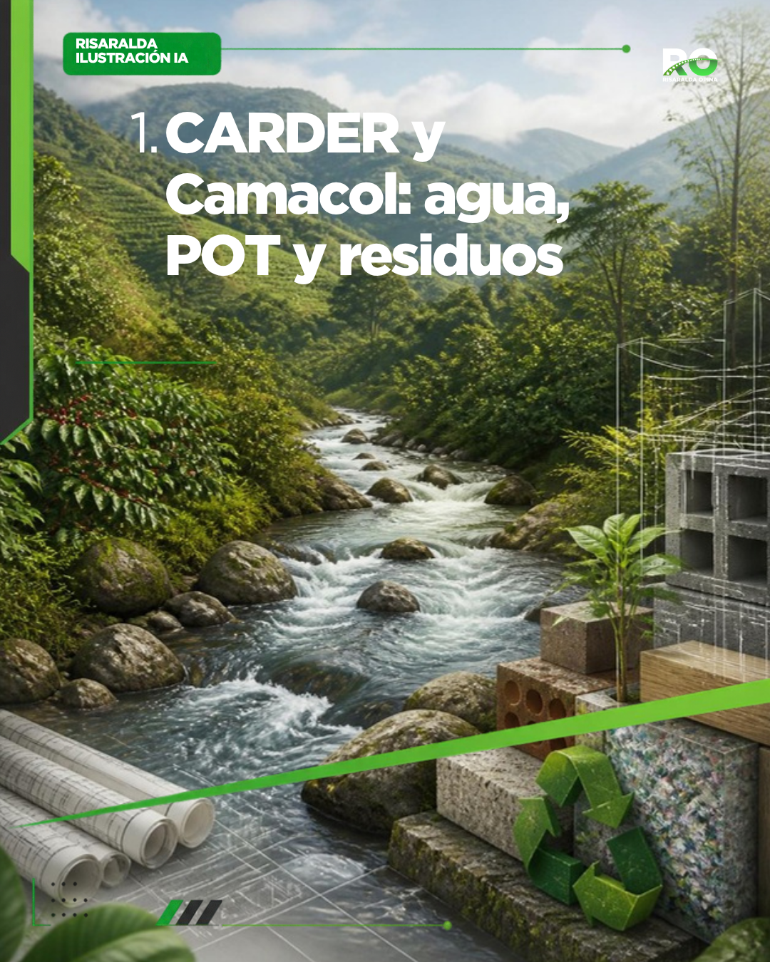 Ilustración simbólica generada con IA sobre agua, paisaje y planificación ambiental; no representa la reunión real entre CARDER y Camacol.