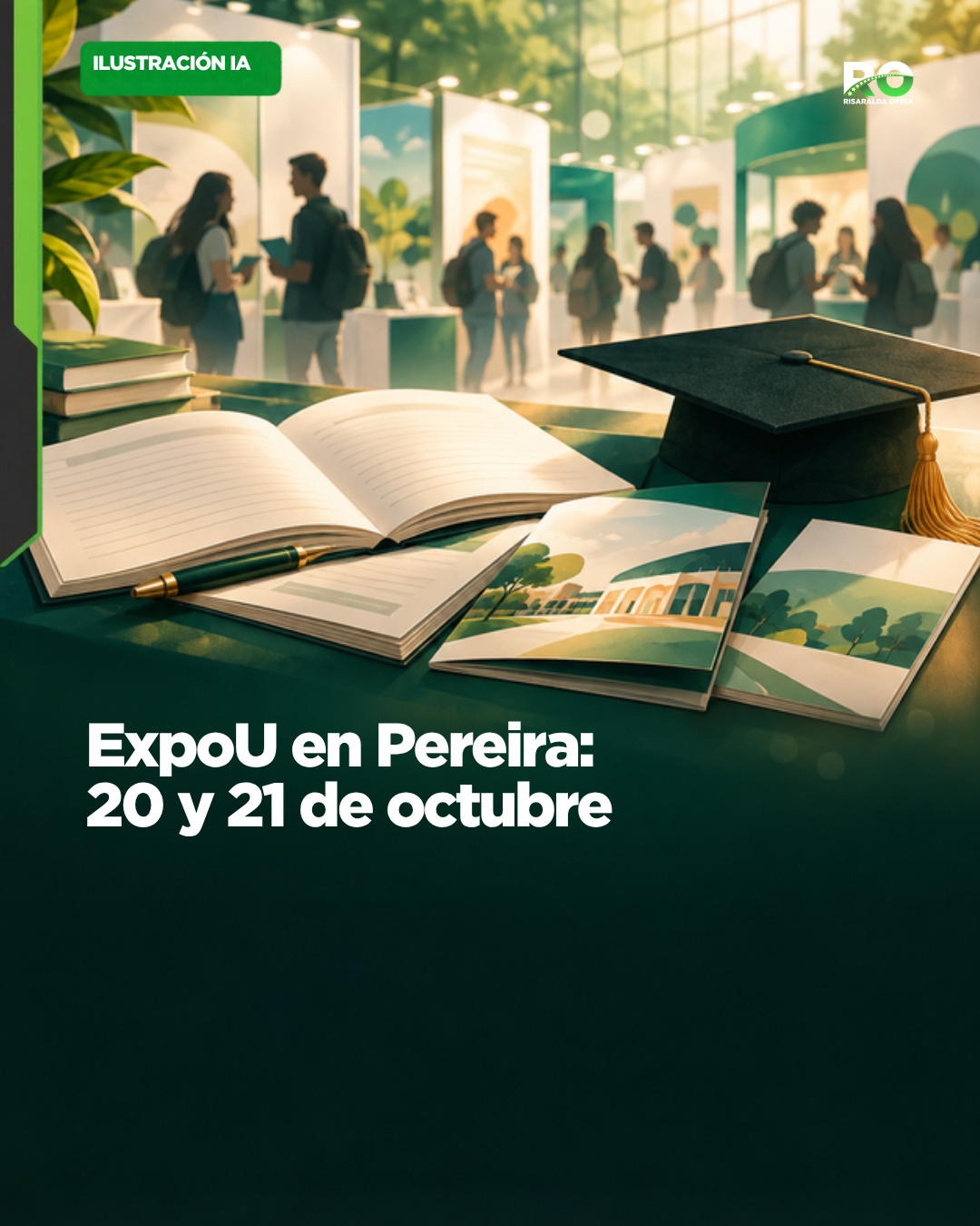 Ilustración IA de cuaderno, birrete y feria educativa imaginaria, con titular de ExpoU en Pereira los días20 y21 de octubre; logo oficial RO conservado.
